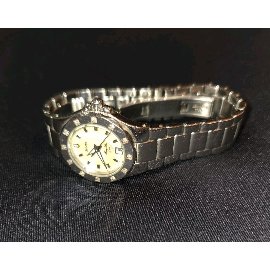 Bulova Marine Star Womens Stainless Steel Watch Diamond Accents White Dial Date